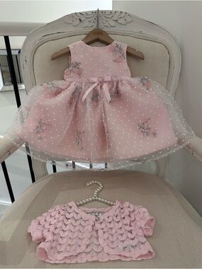 🦢 6~9 Mth Pink Tulle Princess Wedding Baby Dress with Matching Knit Bolero NWOT